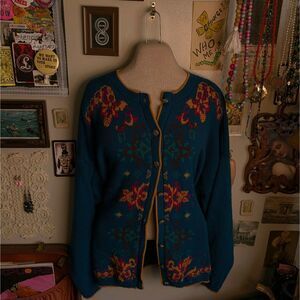 Vintage Patterned Cardigan Sweater Women's 2XL Blue Ornate Button Up